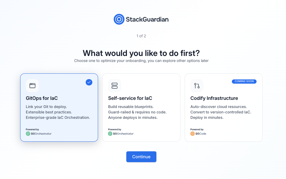 Onboarding path selection screen showing three options: GitOps for IaC, Self-service for IaC, and Codify infrastructure