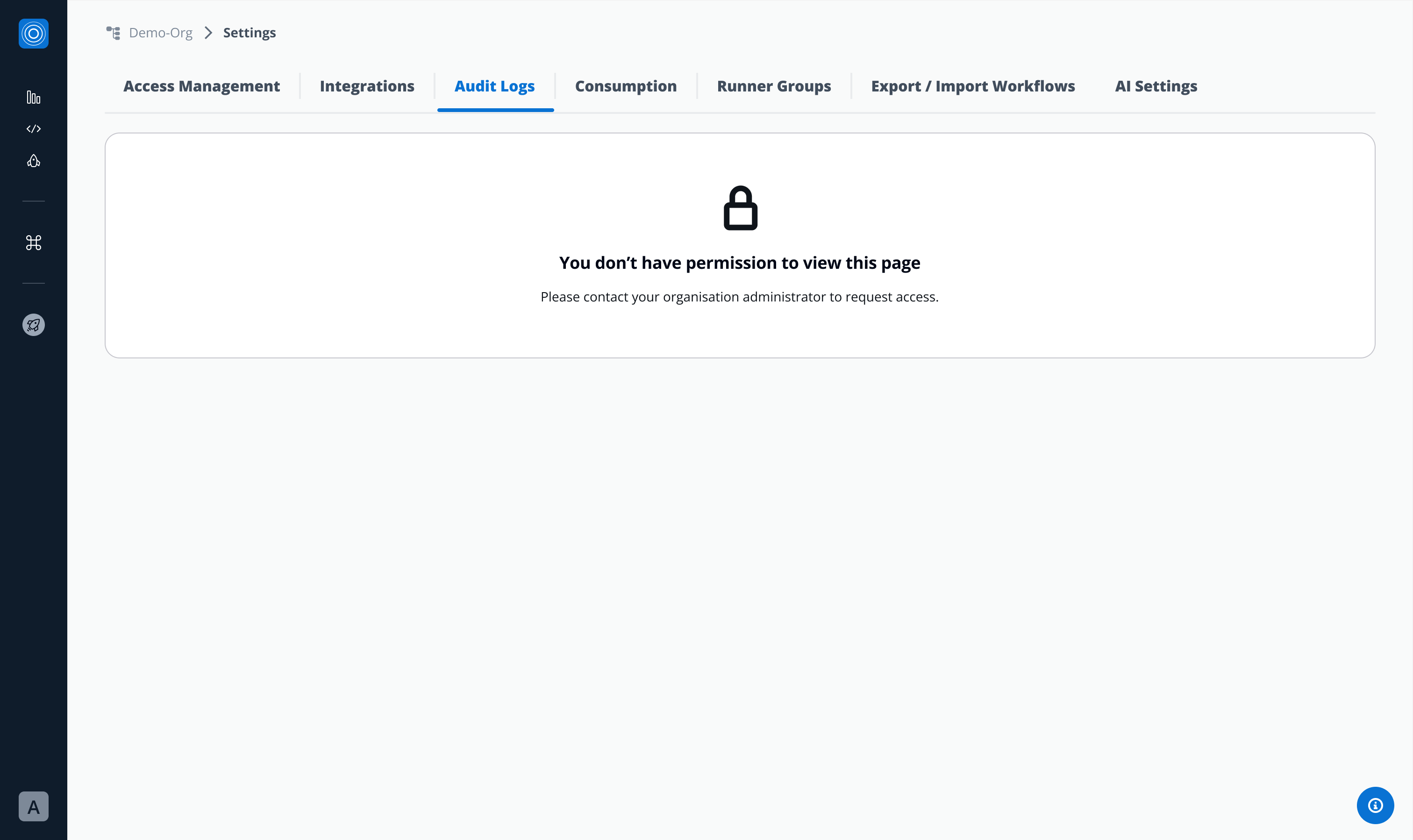 Access denied screen in Audit Log interface for regular user without permissions
