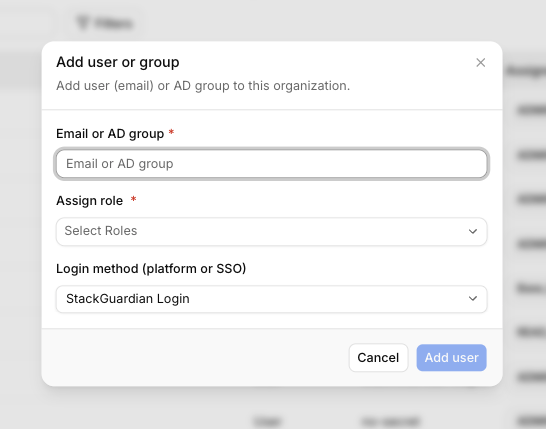 Add user or group dialog with fields for email or AD group, role, and login method