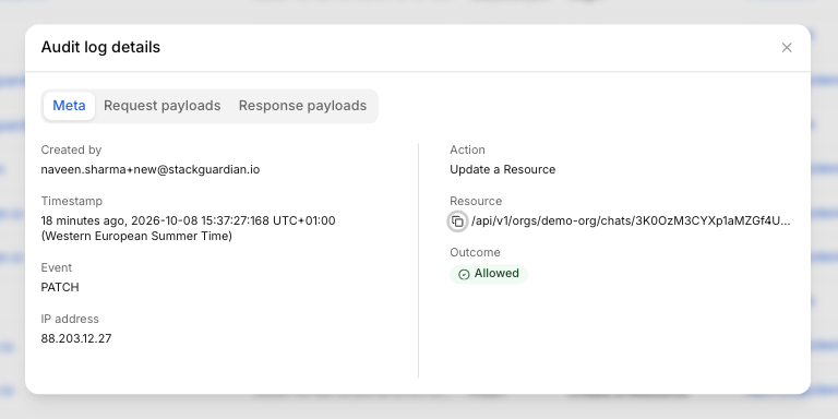 Audit log details dialog with the Meta, Request payloads, and Response payloads tabs