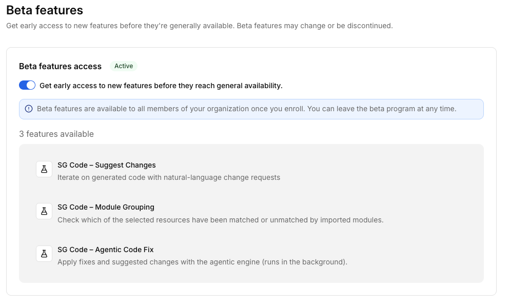Beta features page with the access toggle turned on and three available SGCode features listed below it