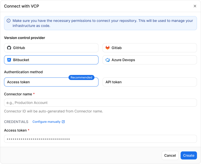 Connect with VCP modal showing Bitbucket selected with access token method