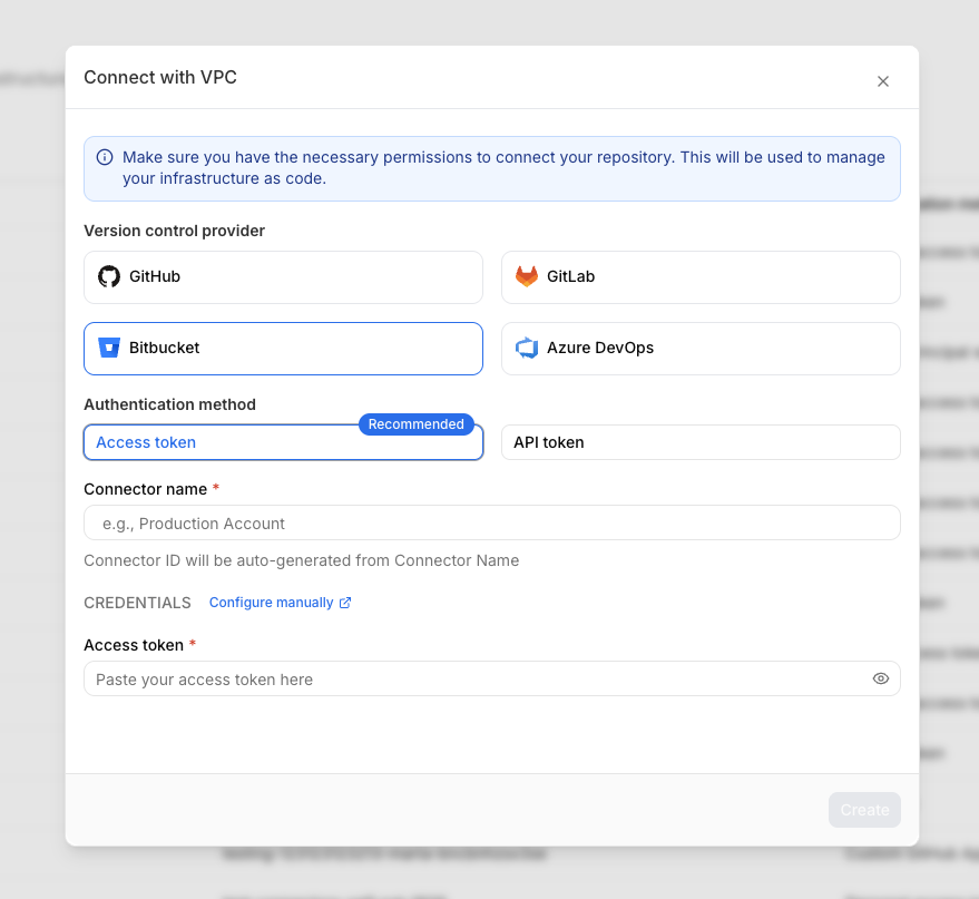 Connect with VCP modal showing Bitbucket selected with API token method and the User name and API token credential fields