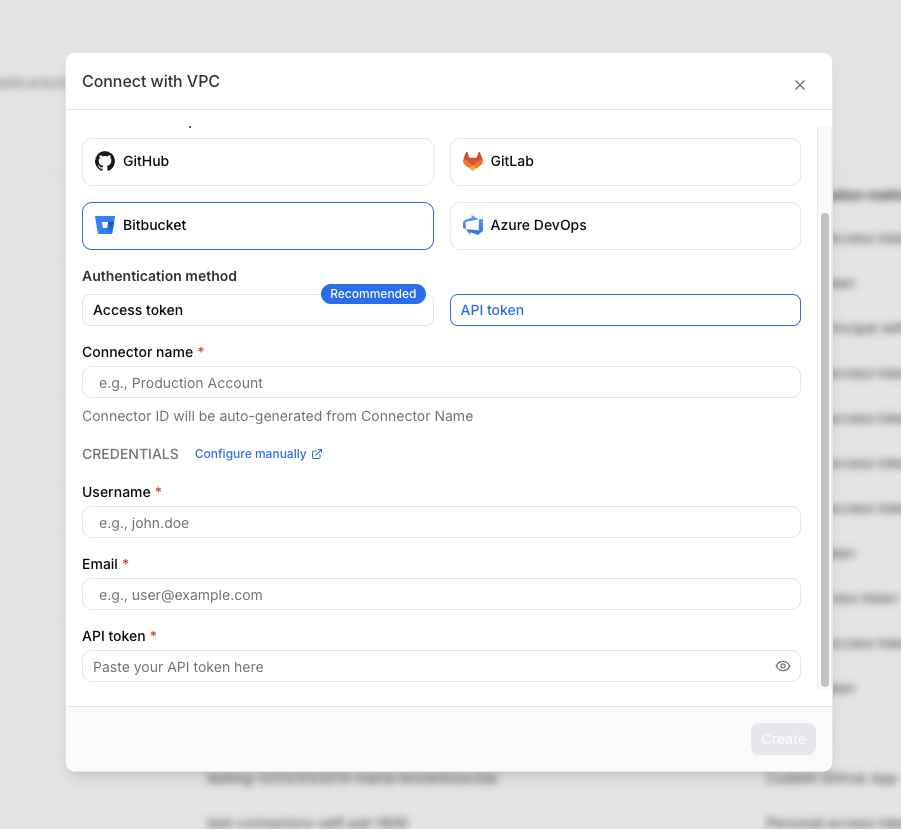 Connect with VCP modal showing Bitbucket selected with API token method and the User name and API token credential fields