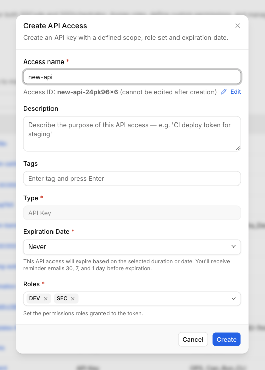Create API access dialog with fields for name, description, tags, expiration date, and roles