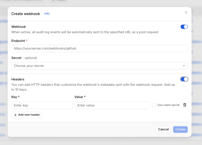 Create webhook dialog with the webhook toggle, endpoint, secret, and headers fields