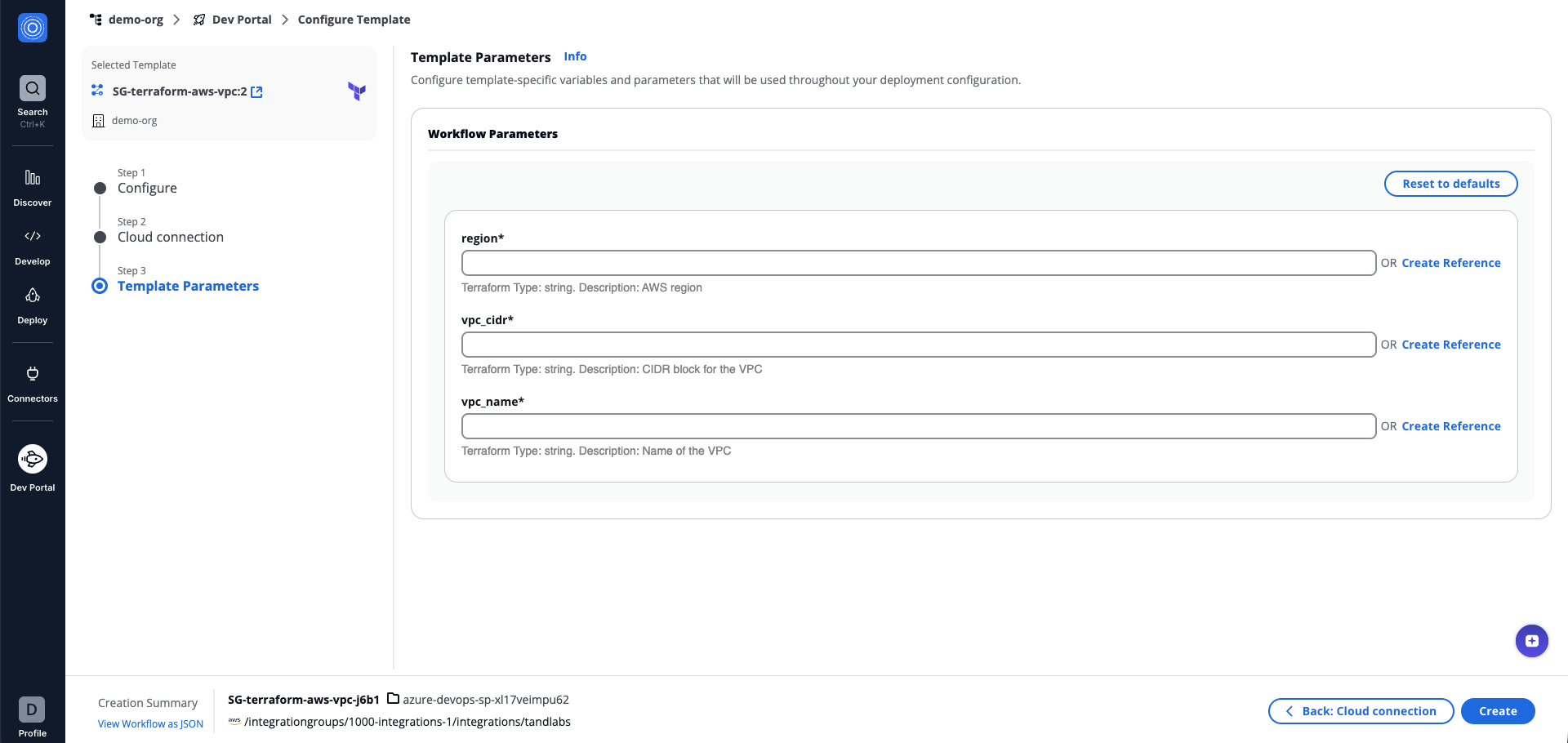 Dev Portal interface with fields of the Template parameter, with the Next Step: Create button at the bottom
