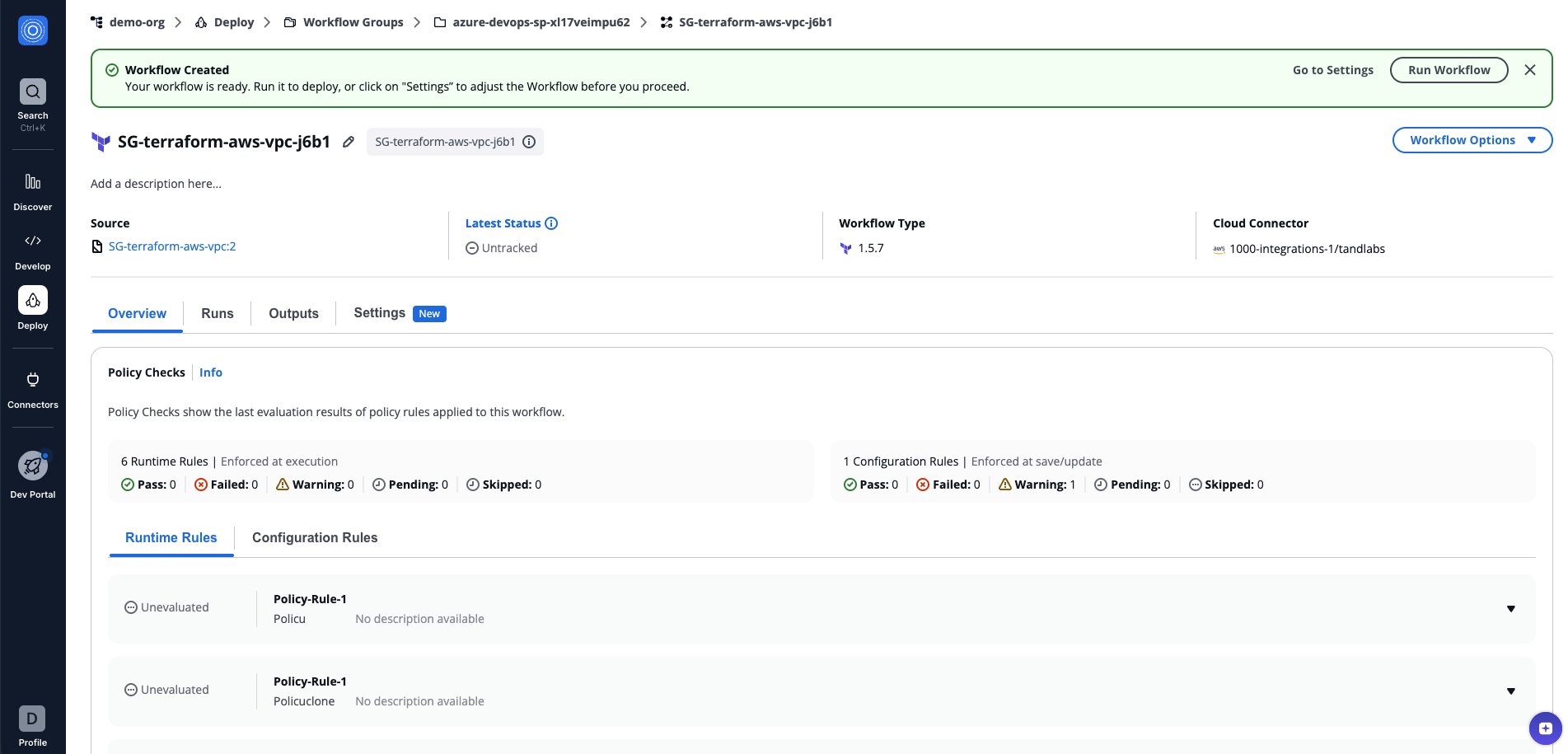 Dev Portal interface with the Workflow Run details