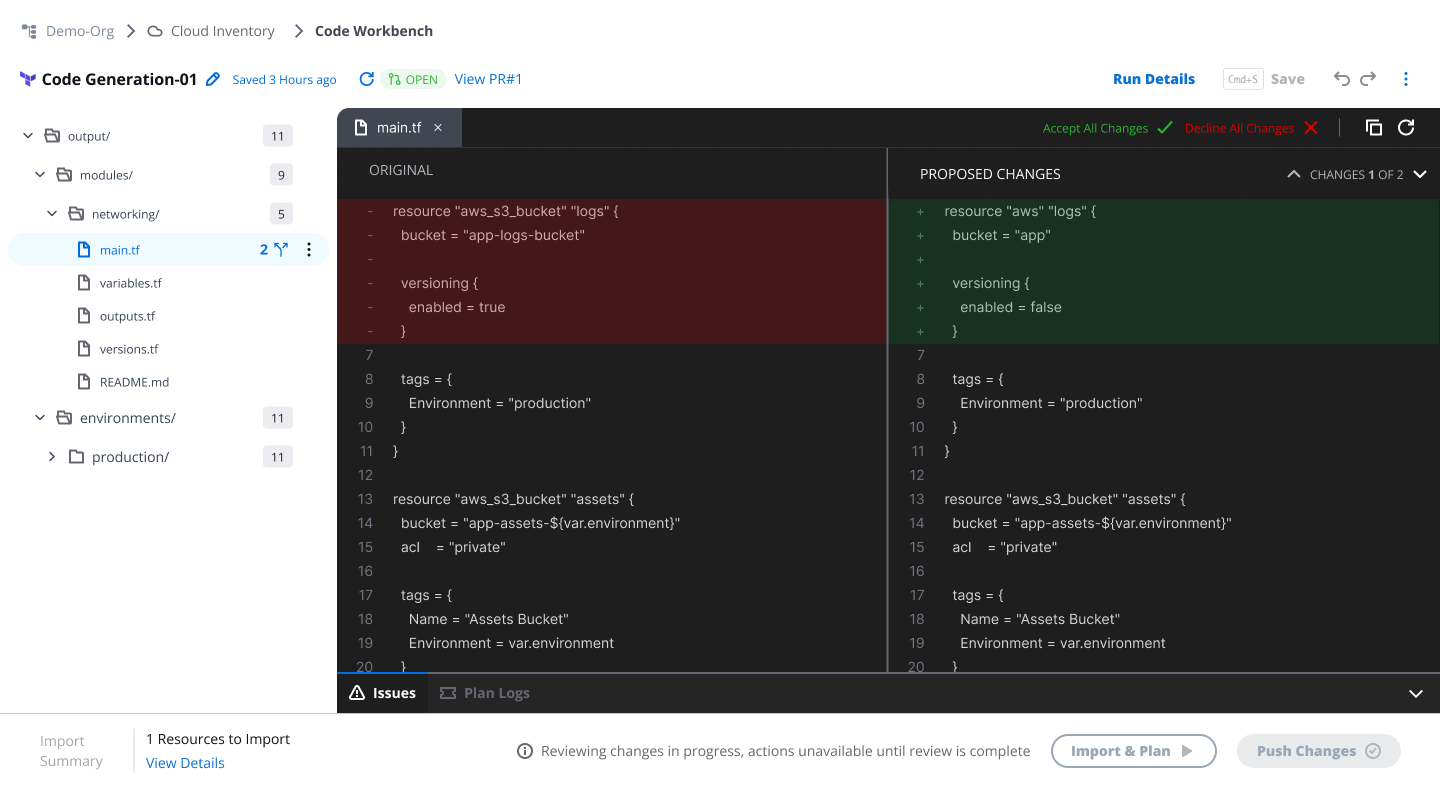 Reviewing fixes with diff view