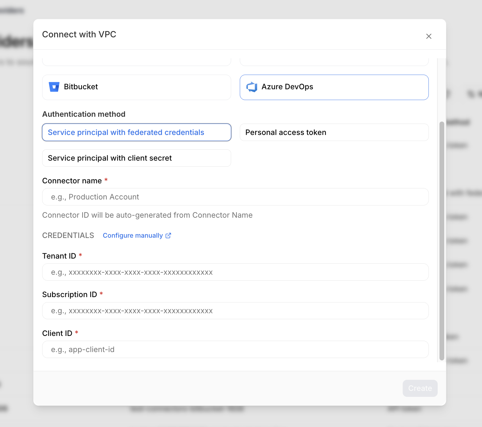 Azure DevOps connector configuration in StackGuardian showing the Personal Access Token authentication method with connector name and token input fields