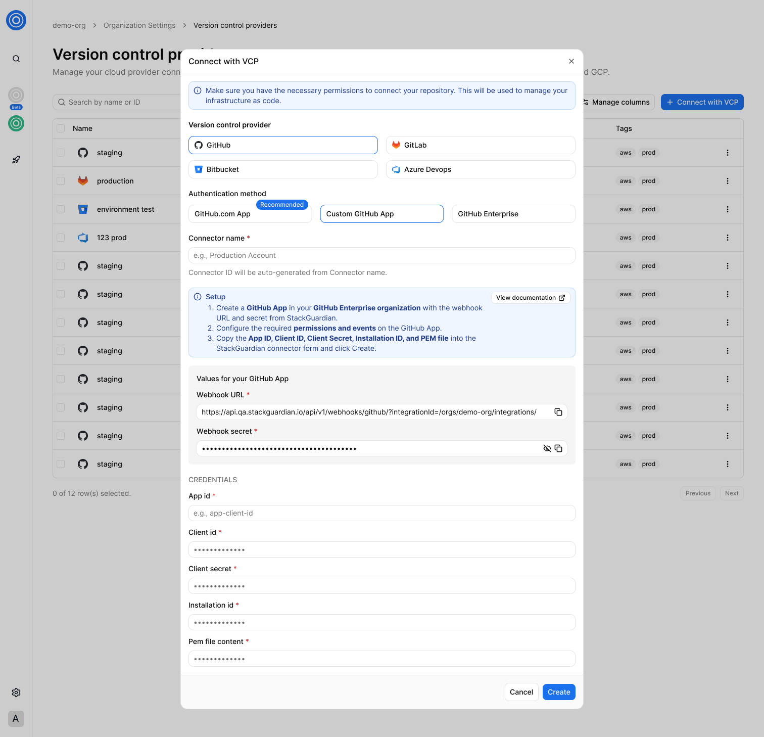 Connect with VCP modal showing the Custom GitHub App form with Webhook URL and Webhook secret fields