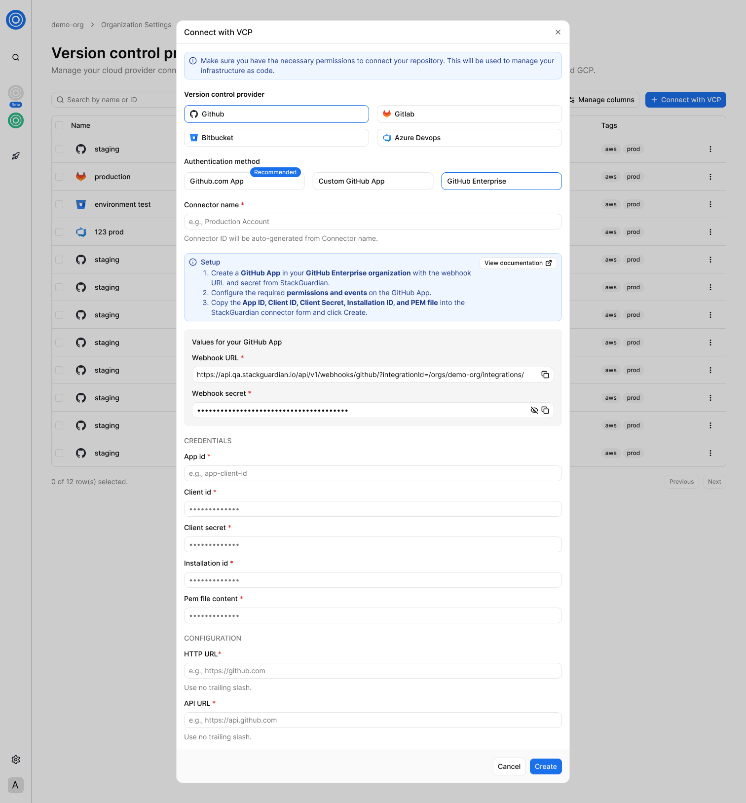 Connect with VCP modal showing the GitHub Enterprise form with Webhook URL, Webhook secret, Credentials, and Configuration fields