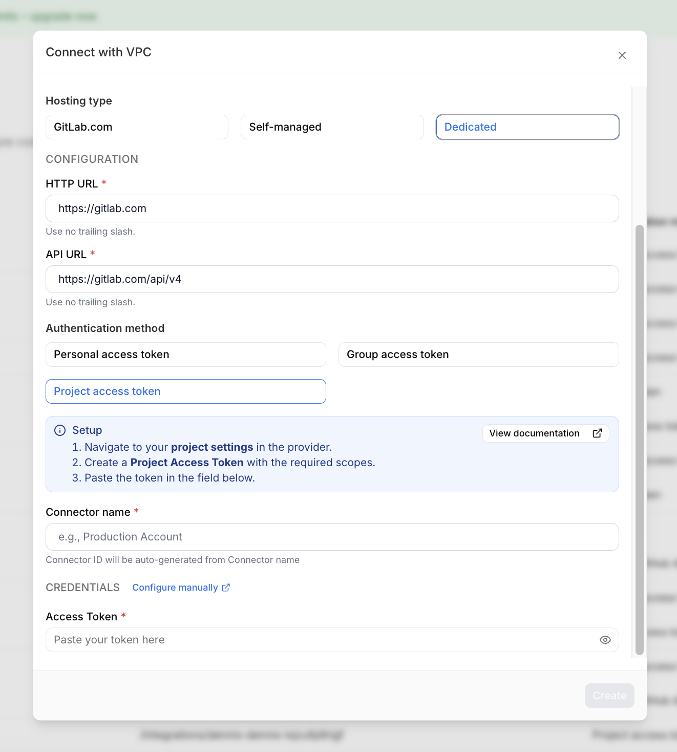 Connect with VCP modal showing Dedicated selected with HTTP URL and API URL pre-filled with GitLab default values
