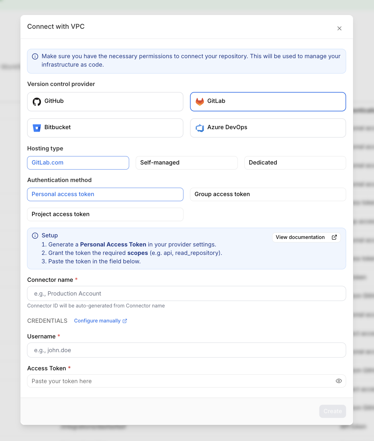 Connect with VCP modal showing GitLab.com selected with Personal access token and the User name and Access token credential fields