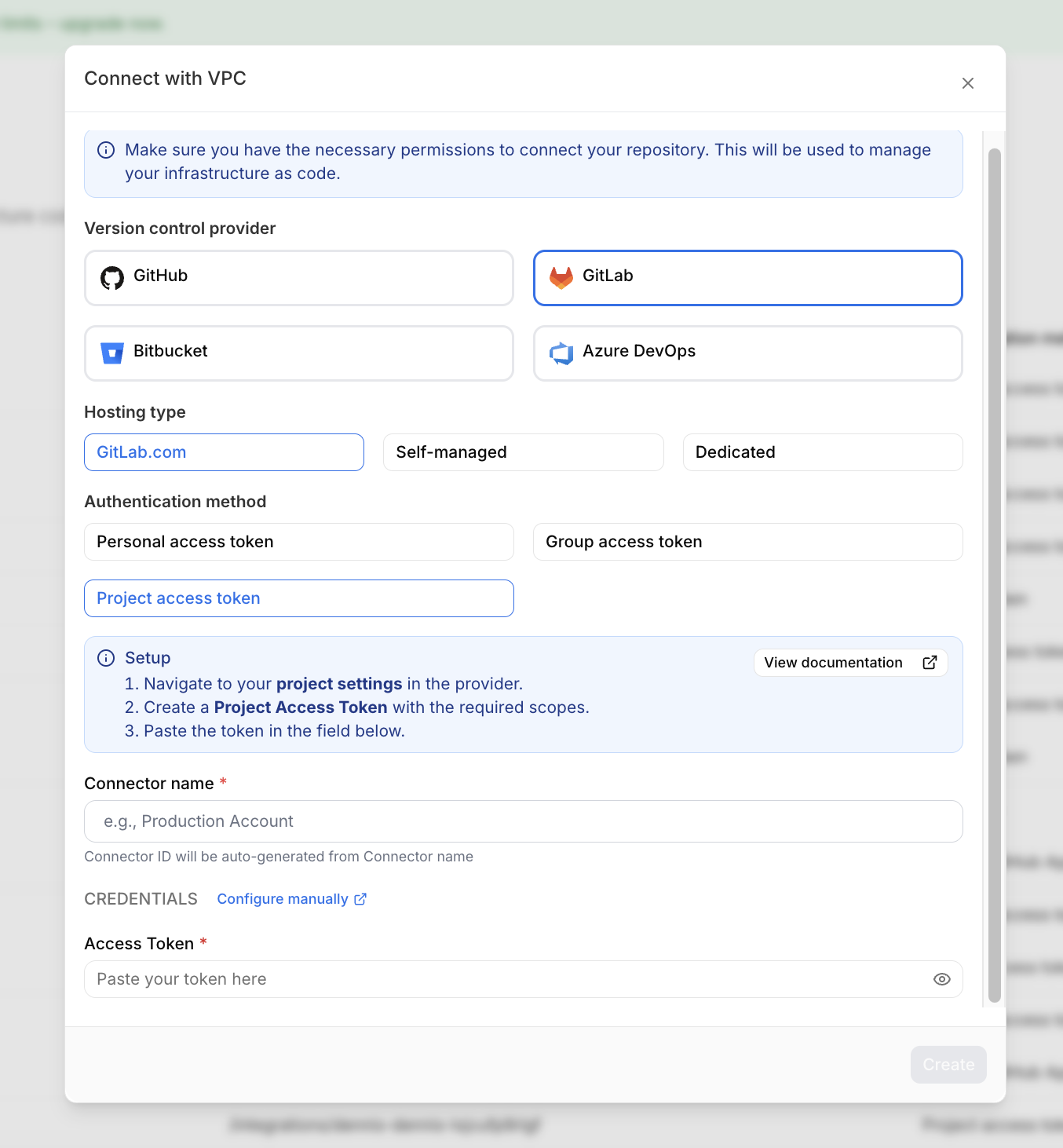 Connect with VCP modal showing GitLab.com selected with Project access token and the Access token credential field