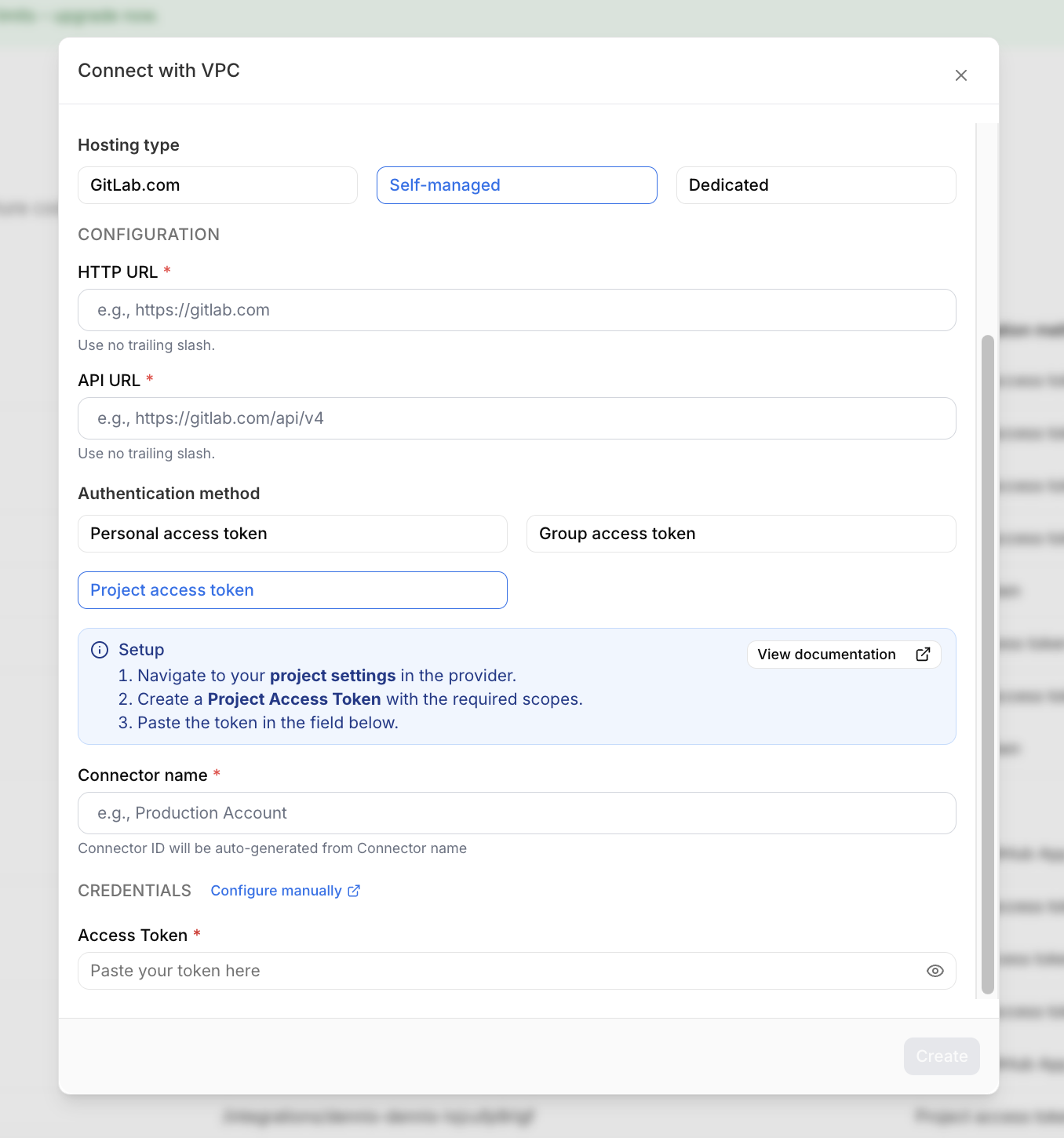 Connect with VCP modal showing Self-managed selected with empty HTTP URL and API URL configuration fields