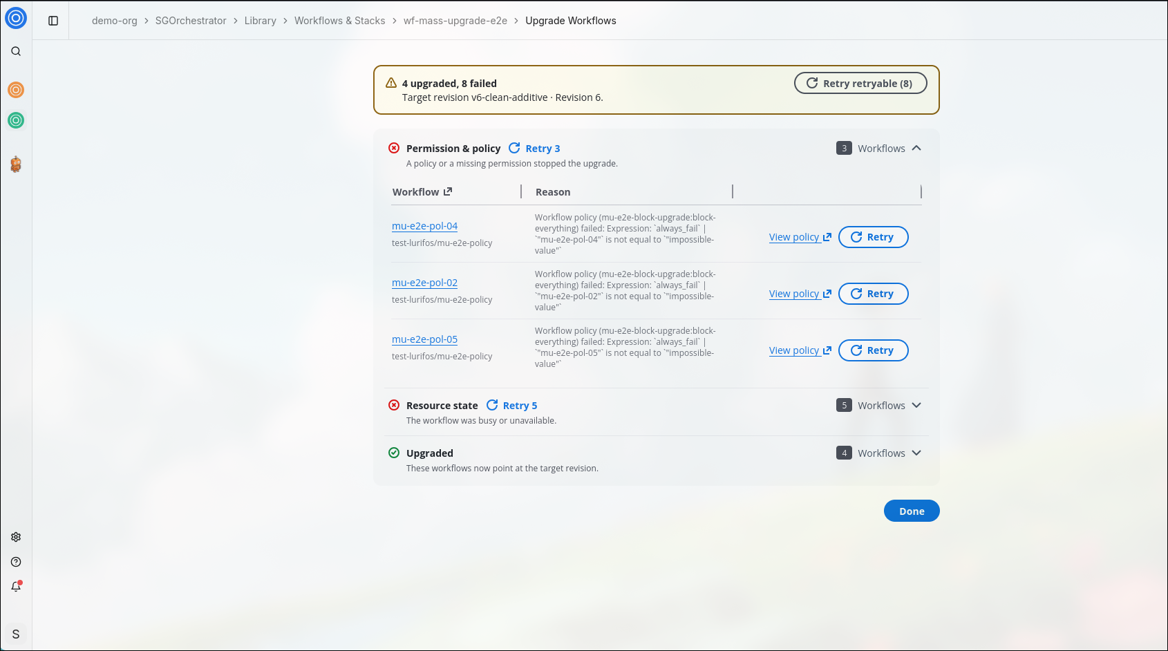 Upgrade results page showing Upgraded, Permission & policy, and Resource state groups with Retry options