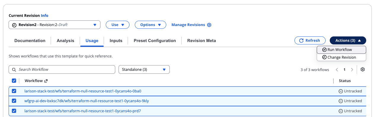 Actions menu with Run Workflow and Change Revision options