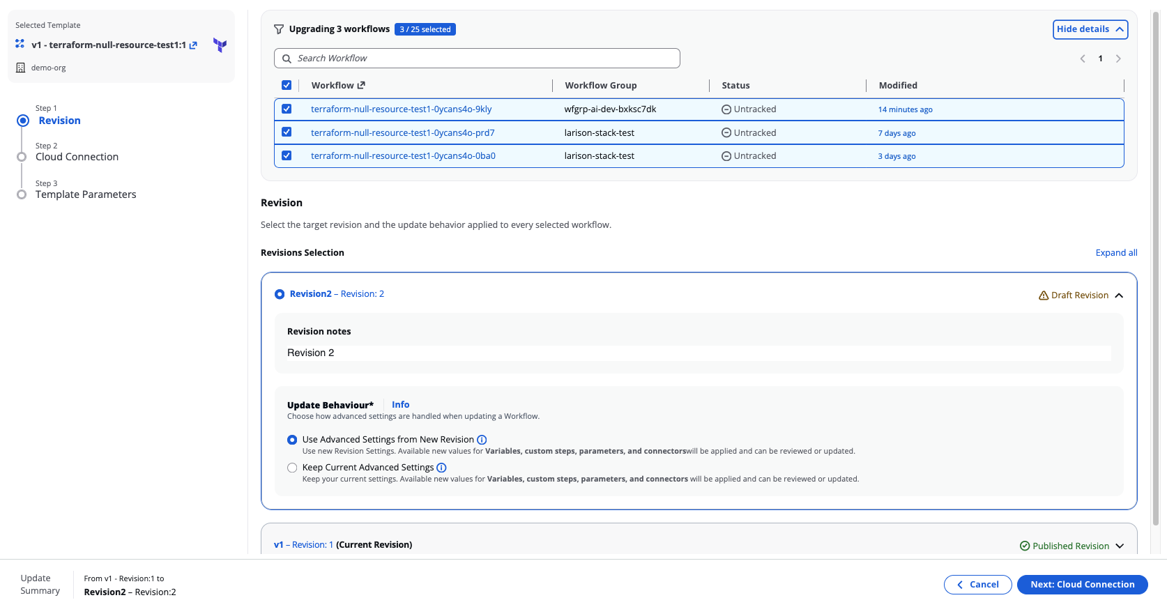 Step 1: Revision, showing the revision list and Update Behaviour options