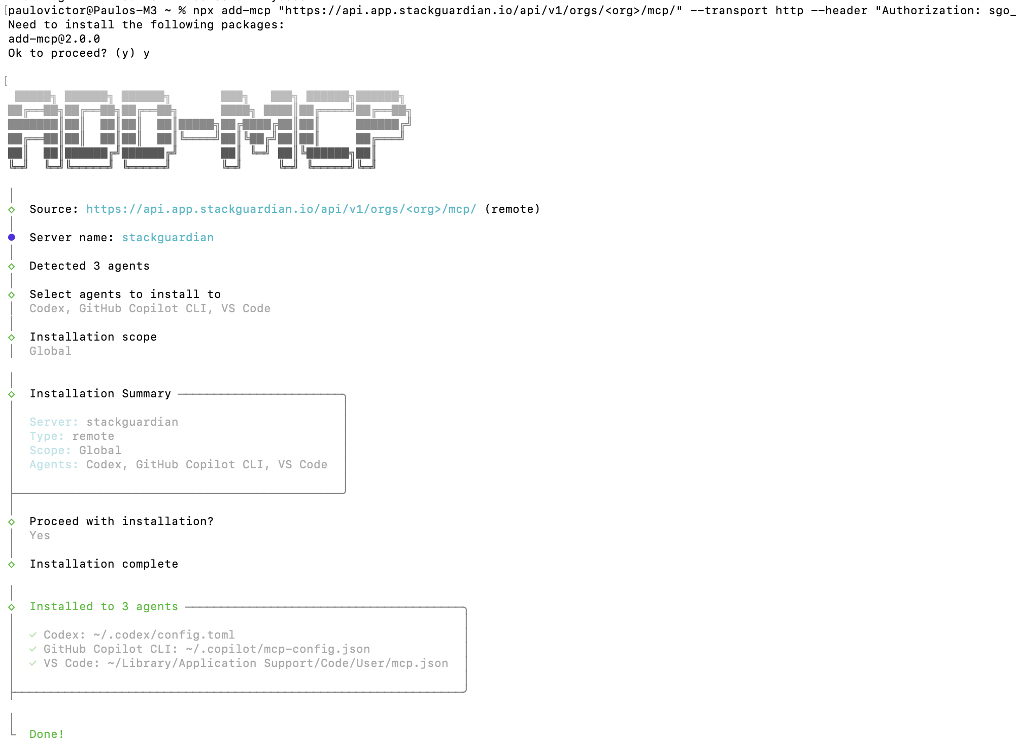 MCP quick install interactive installer showing client detection, scope selection, and successful installation