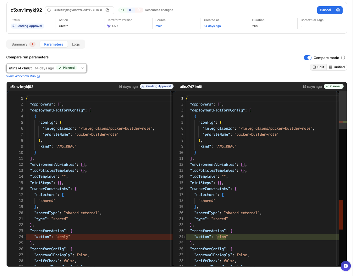 Parameters tab in Compare mode showing a side-by-side diff of two runs, with run IDs, statuses, and highlighted differences