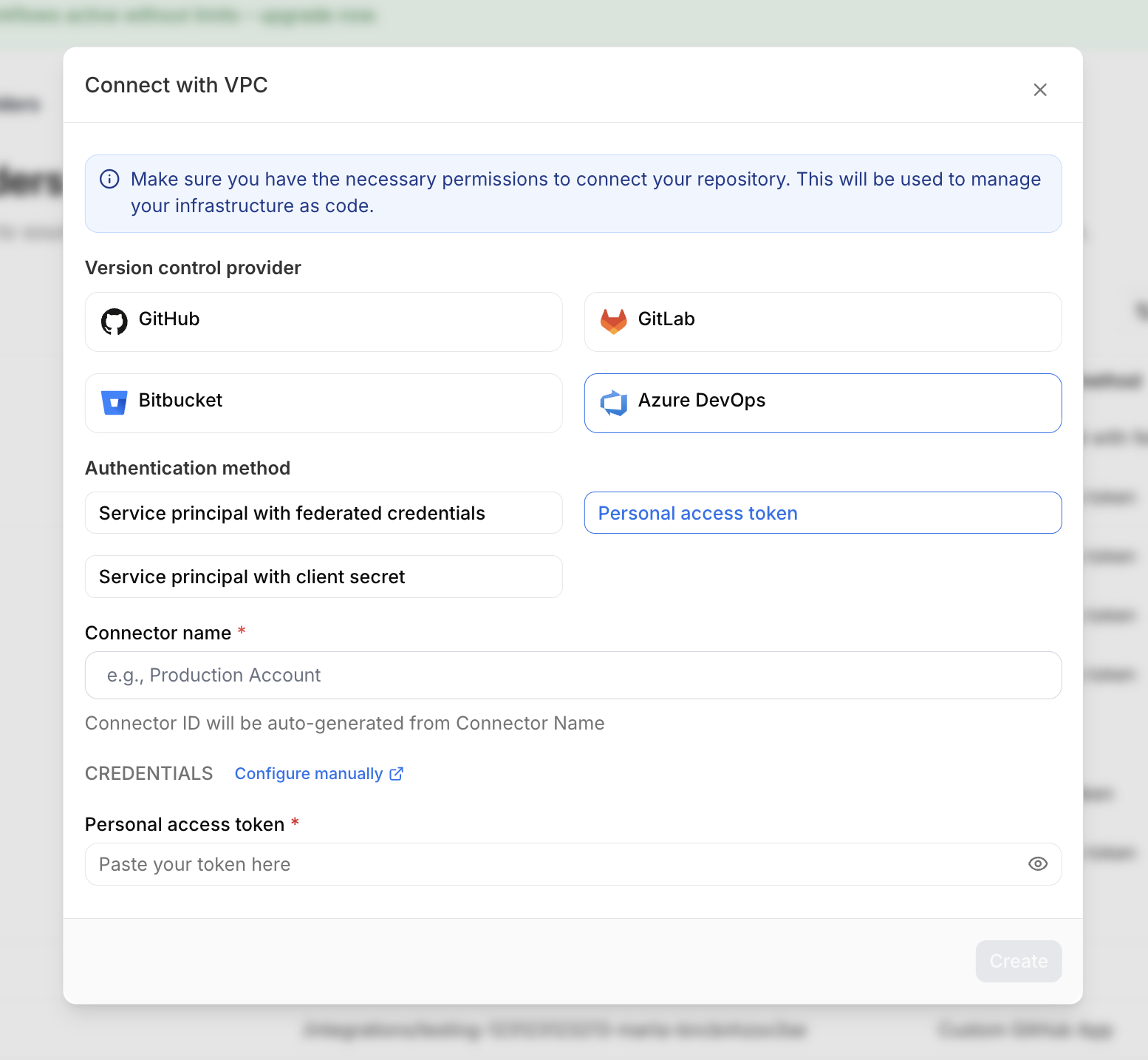 Azure DevOps connector configuration in StackGuardian showing the Personal Access Token authentication method with connector name and token input fields