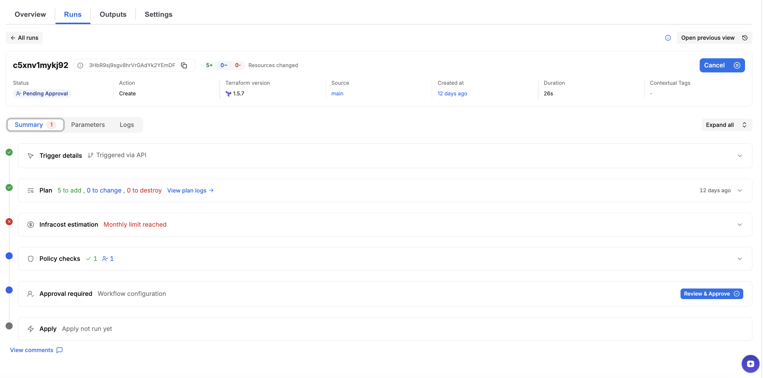 Summary tab with all five accordions collapsed, showing Trigger details, Plan, Infracost estimation, Policy checks, Approval required, and Apply