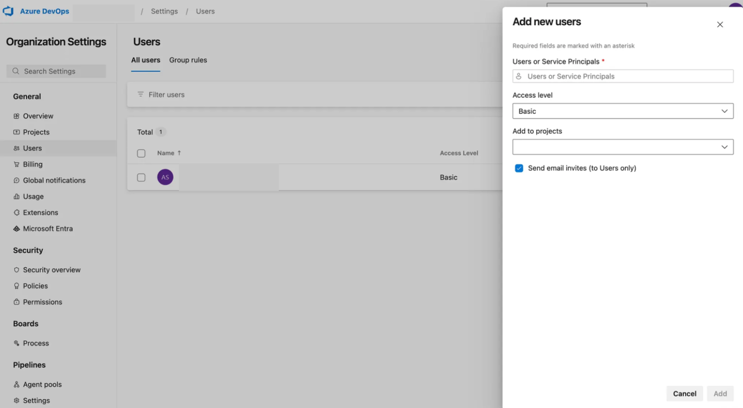 Azure DevOps organization settings showing Service Principal user addition, Basic access level assignment, and project permissions configuration