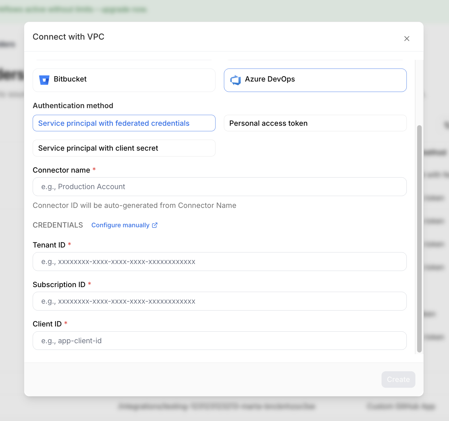 Client Secret connector creation form showing access type selection and input fields for Tenant ID, Subscription ID, Client ID, and Client Secret Value