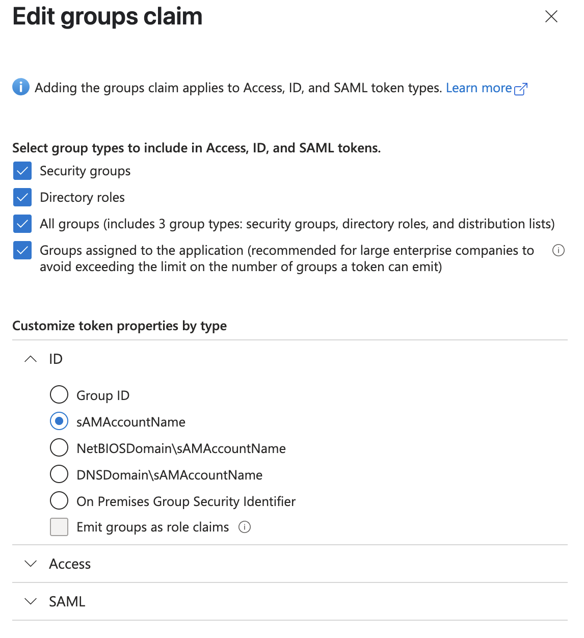 Add group claims screenshot