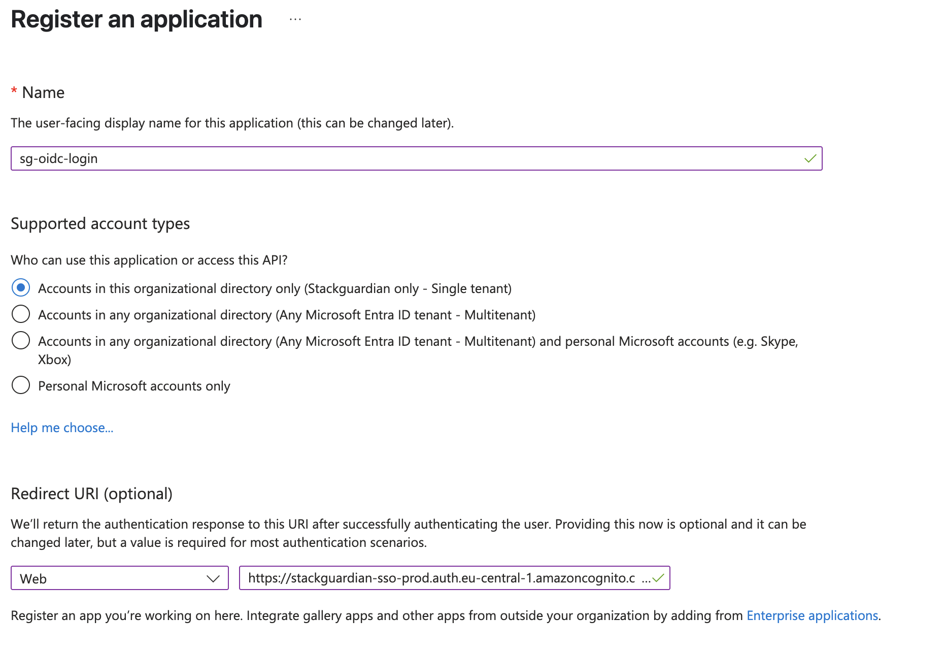 App registration screenshot