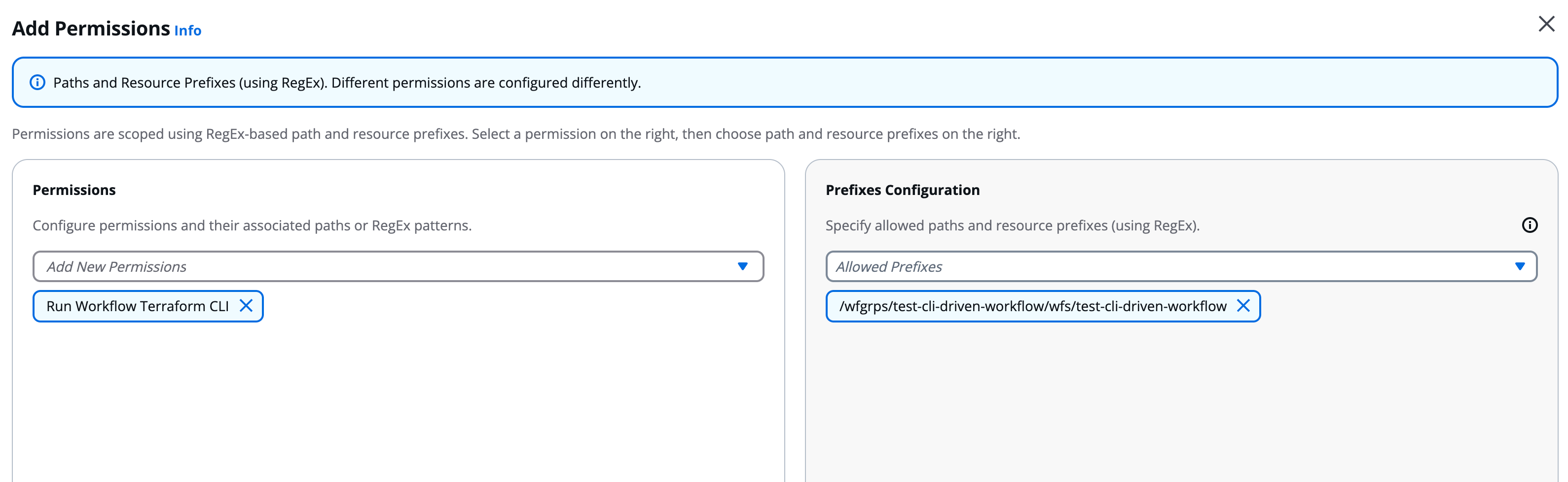 StackGuardian permissions interface showing Run Workflow Terraform CLI permission selected in the left panel with allowed prefix configuration on the right