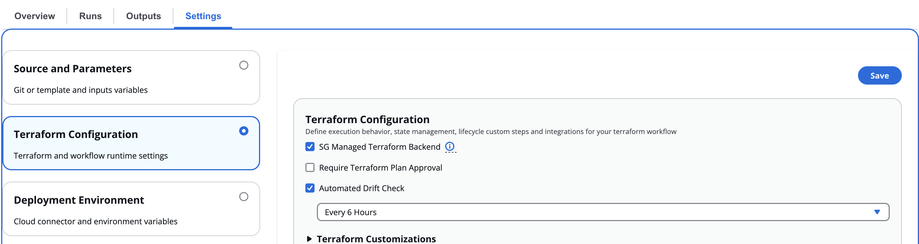 Workflow settings page showing Terraform Configuration section with SG Managed Terraform Backend checkbox enabled under the Settings tab