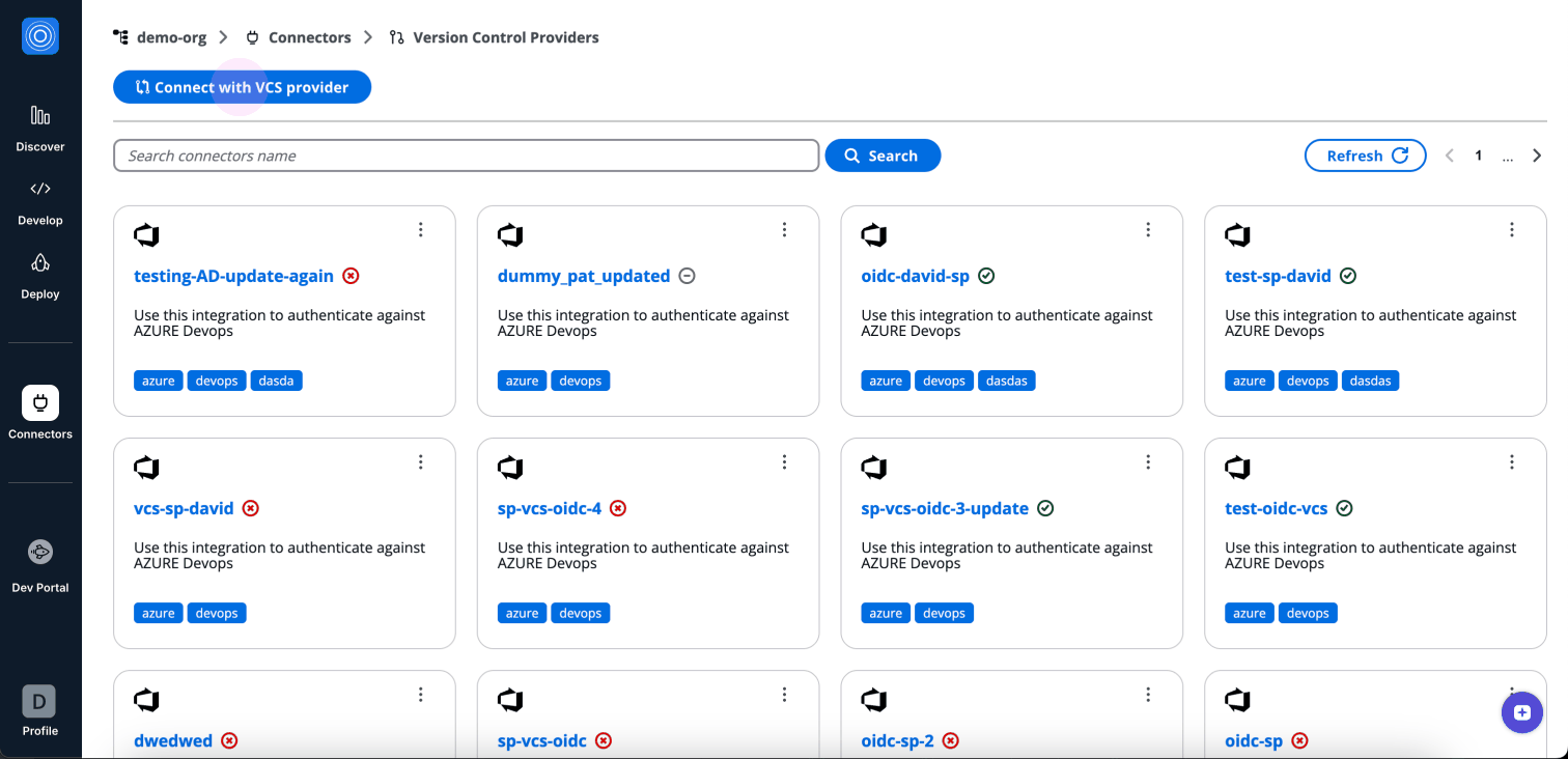 Workload Identity connector creation form showing access type selection with three options: Client Secret, Workload Identity, and Personal Access Token